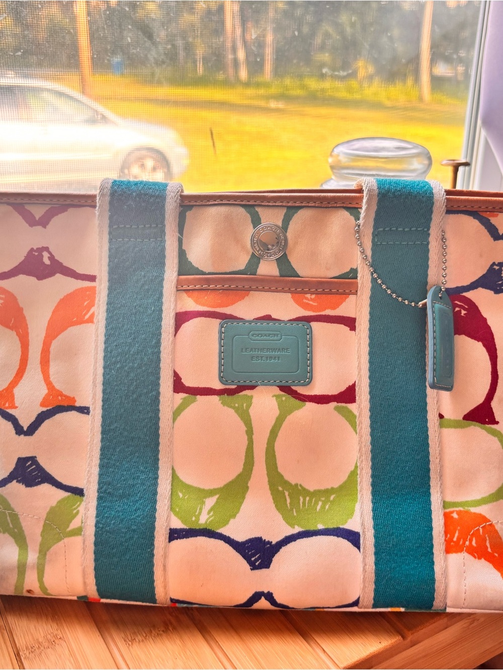 Coach Multicolor Circle-Print Canvas Shoulder Tote with Teal Straps
